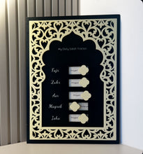 Load image into Gallery viewer, Personalised Islamic salah prayer tracker wall art made from laser cut wood with ornate Islamic pattern design

