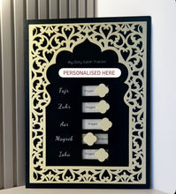 Load image into Gallery viewer, Wooden Islamic prayer tracker wall décor showing daily salah checklist for Fajr, Zuhr, Asr, Maghrib and Isha

