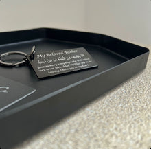 Load image into Gallery viewer, Personalised laser engraved Islamic keychain featuring the quote “Allah unite us in Jannah with those we love”, meaningful Muslim remembrance gift
